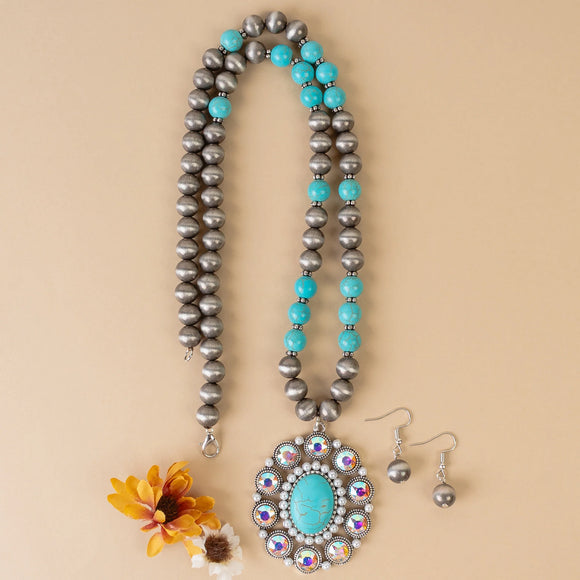 Western Necklace | Silver Turquoise Squash Blossom