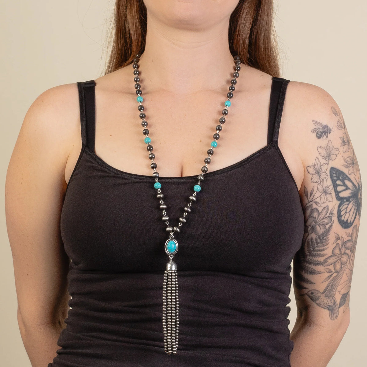 Western Necklace | Turquoise Silver Long Tassel
