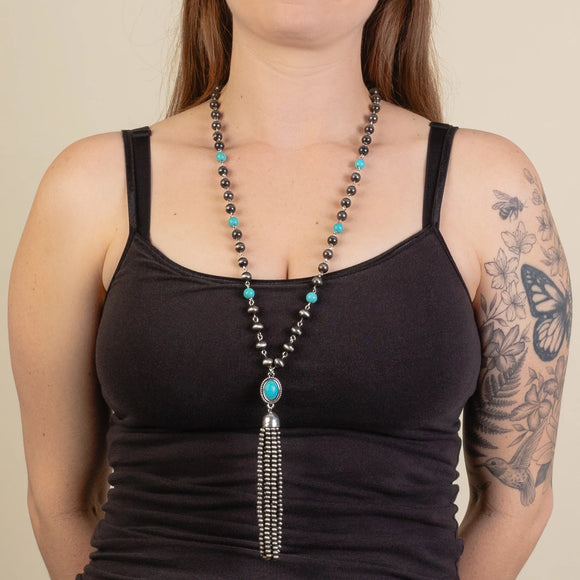 Western Necklace | Turquoise Silver Long Tassel