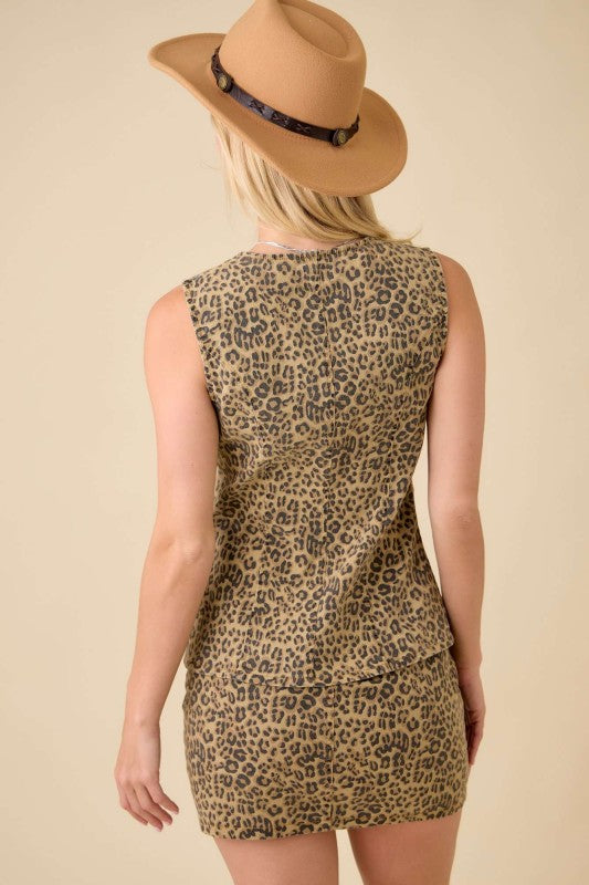 Sleeveless Button Down Vest Top | Leopard