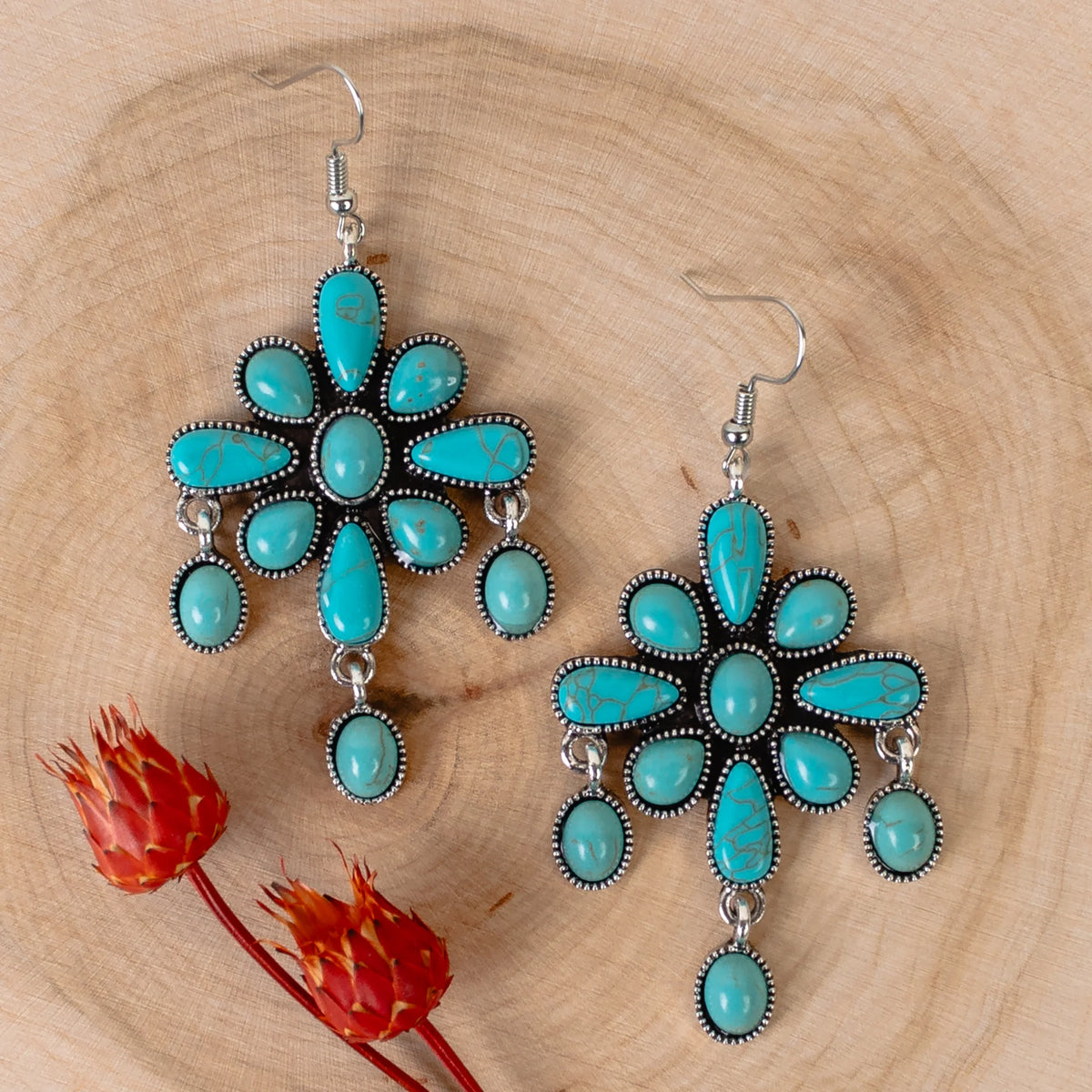 Western Earrings | Squash Blossom Turquoise Silver