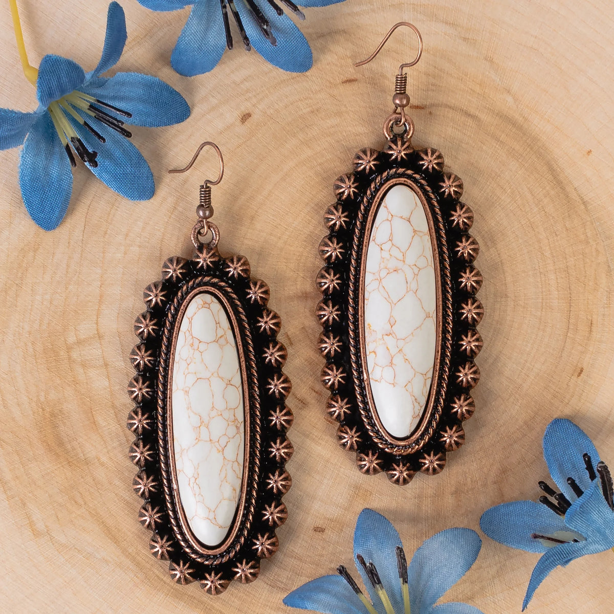 Western Earrings | Squash Blossom Oval Ivory Copper