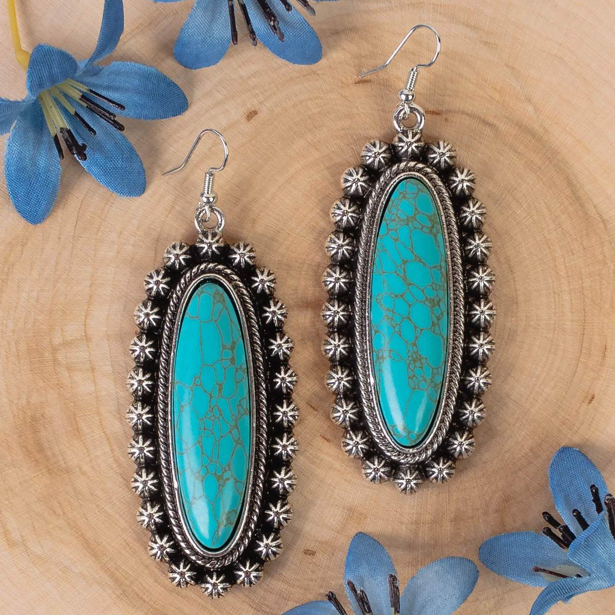 Western Earrings | Squash Blossom Oval Turquoise Silver