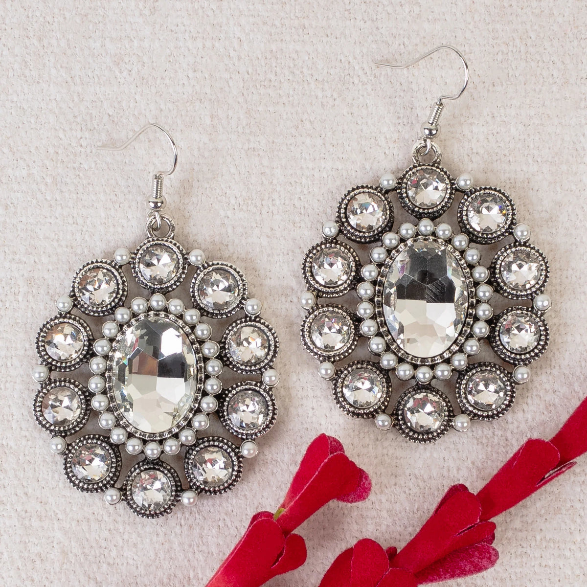 Western Earrings | Squash Blossom Silver Clear Pearl