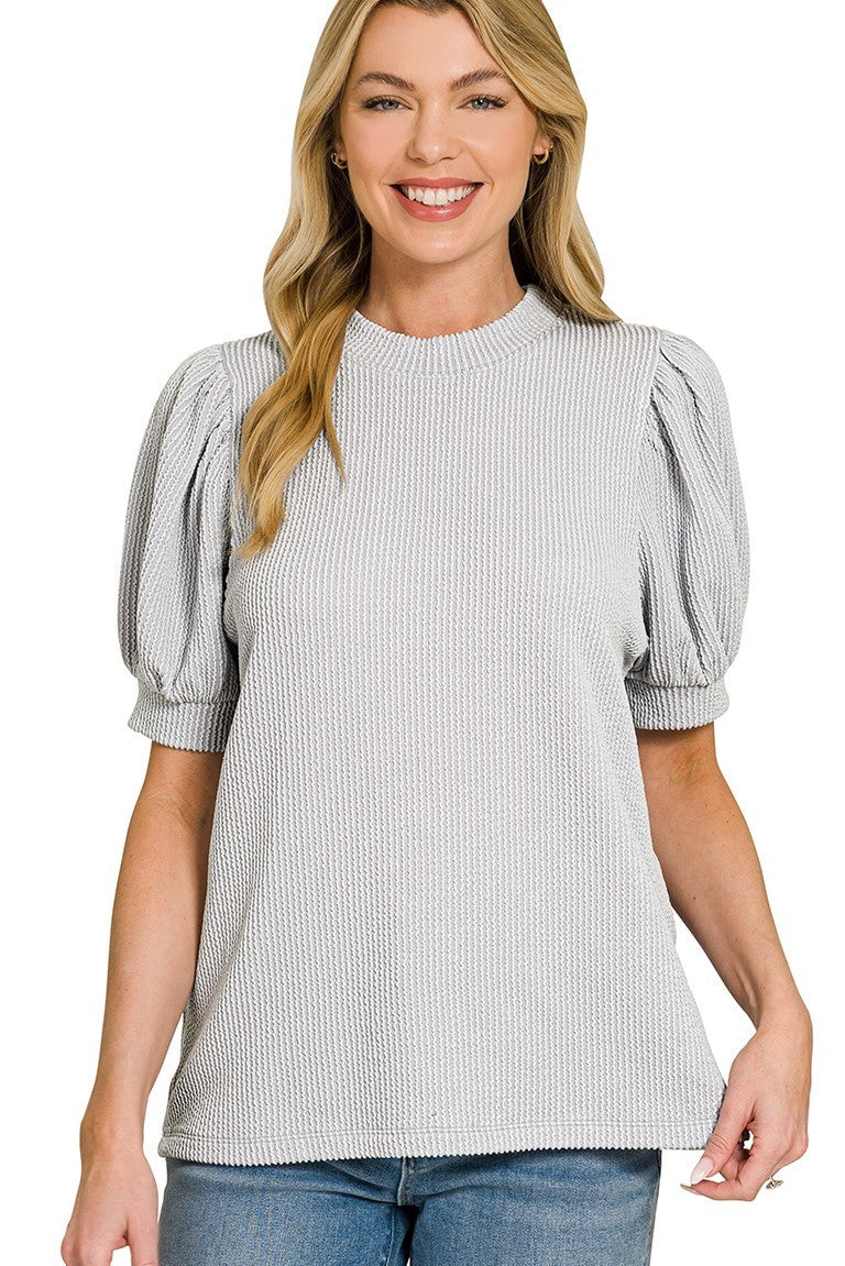 Raised Rib Puff Sleeve Top | Light Grey