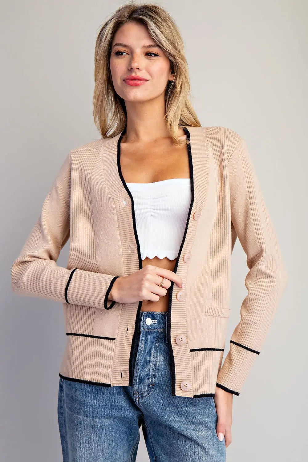 Contrast Trim Knit Cardigan | Sand