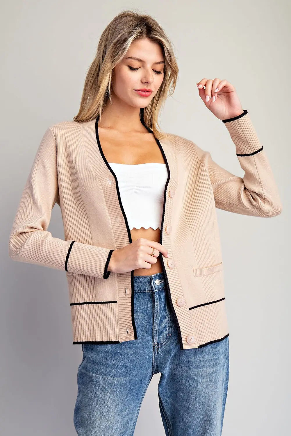 Contrast Trim Knit Cardigan | Sand