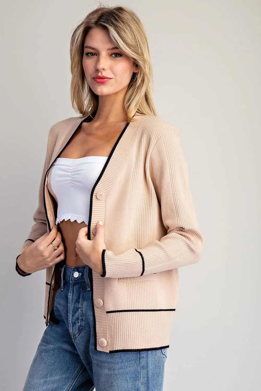 Contrast Trim Knit Cardigan | Sand