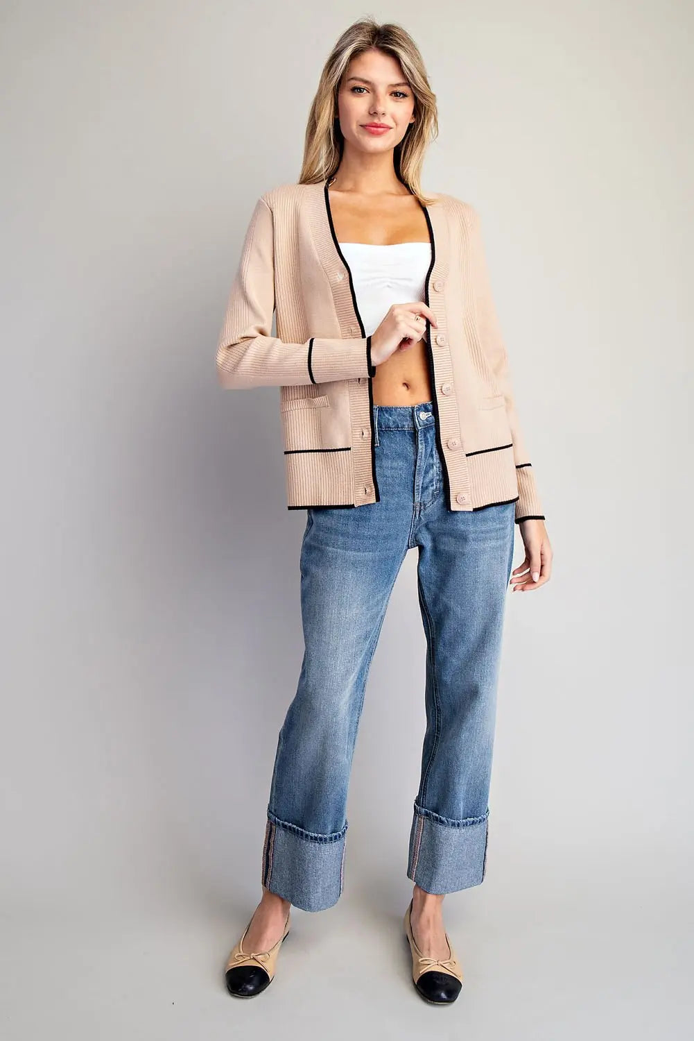 Contrast Trim Knit Cardigan | Sand