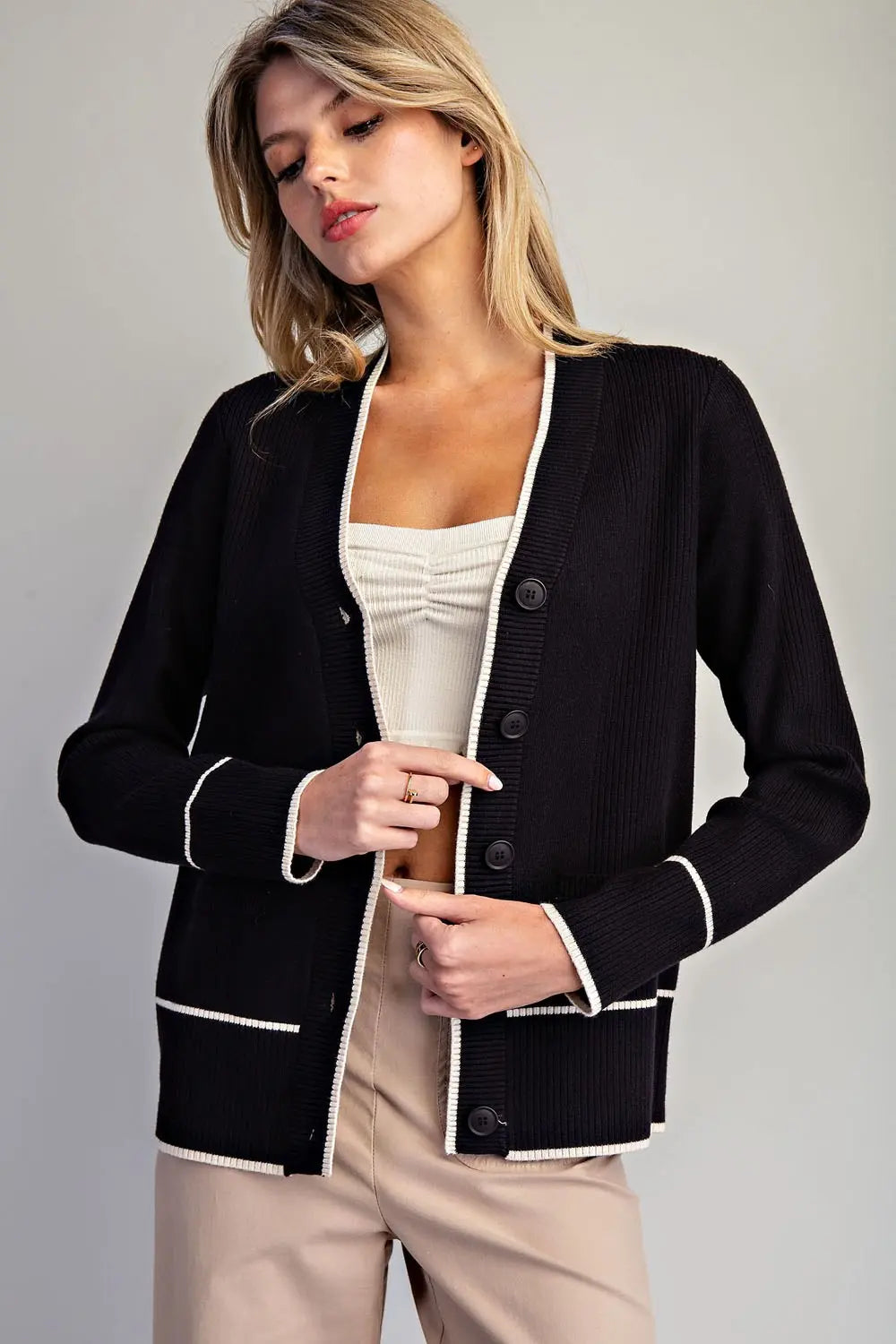 Contrast Trim Knit Cardigan | Black