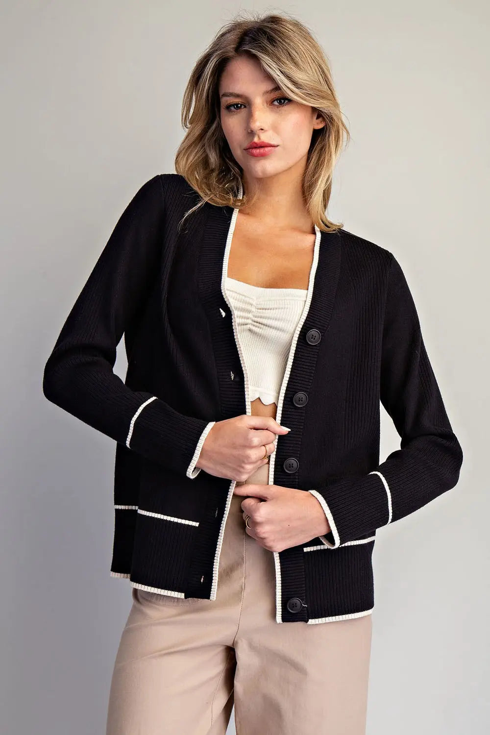 Contrast Trim Knit Cardigan | Black