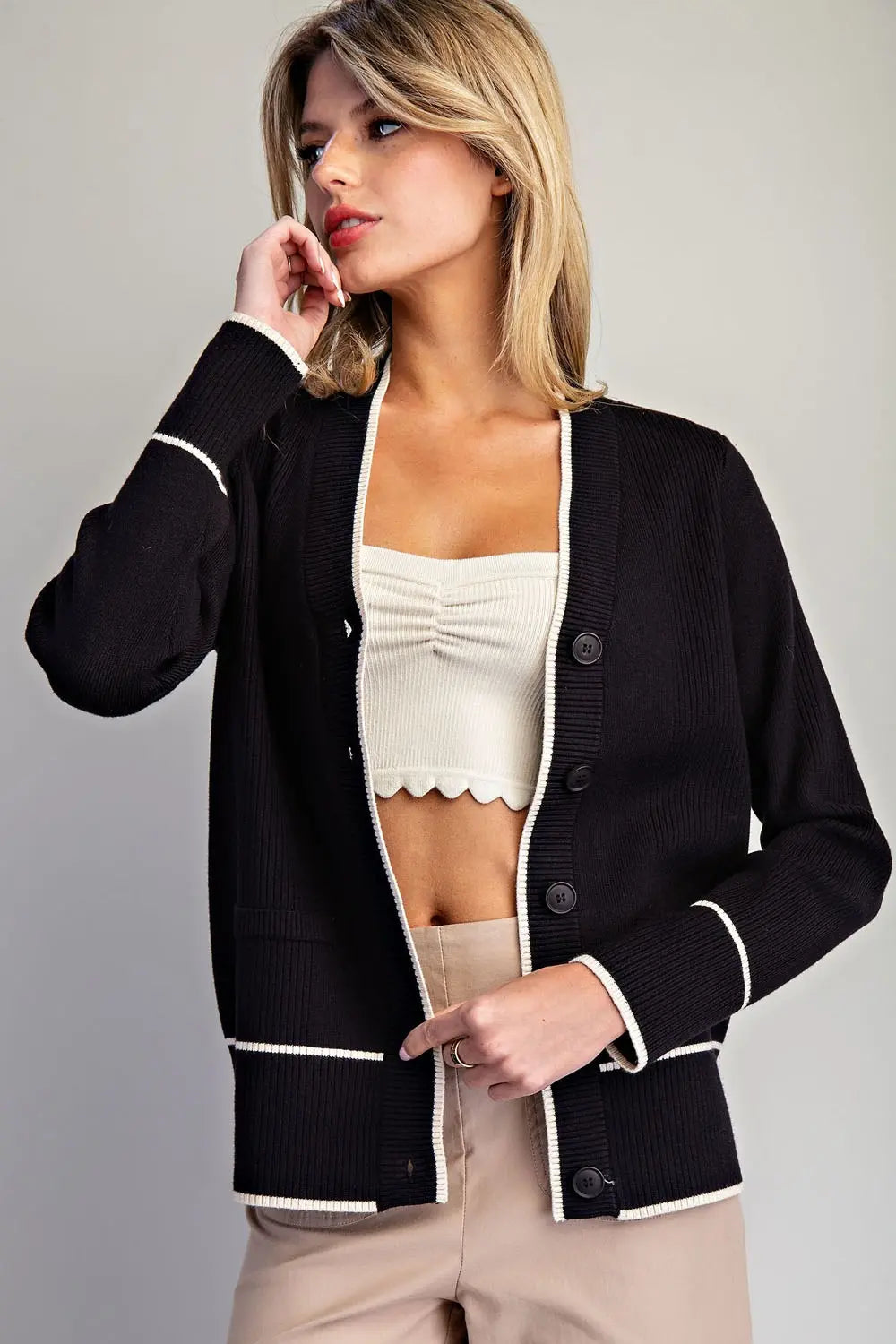 Contrast Trim Knit Cardigan | Black