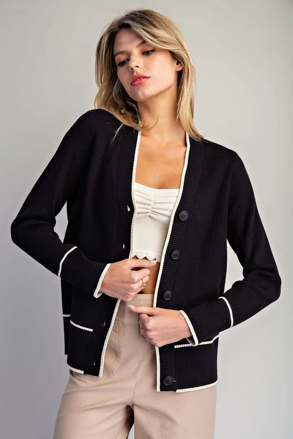 Contrast Trim Knit Cardigan | Black
