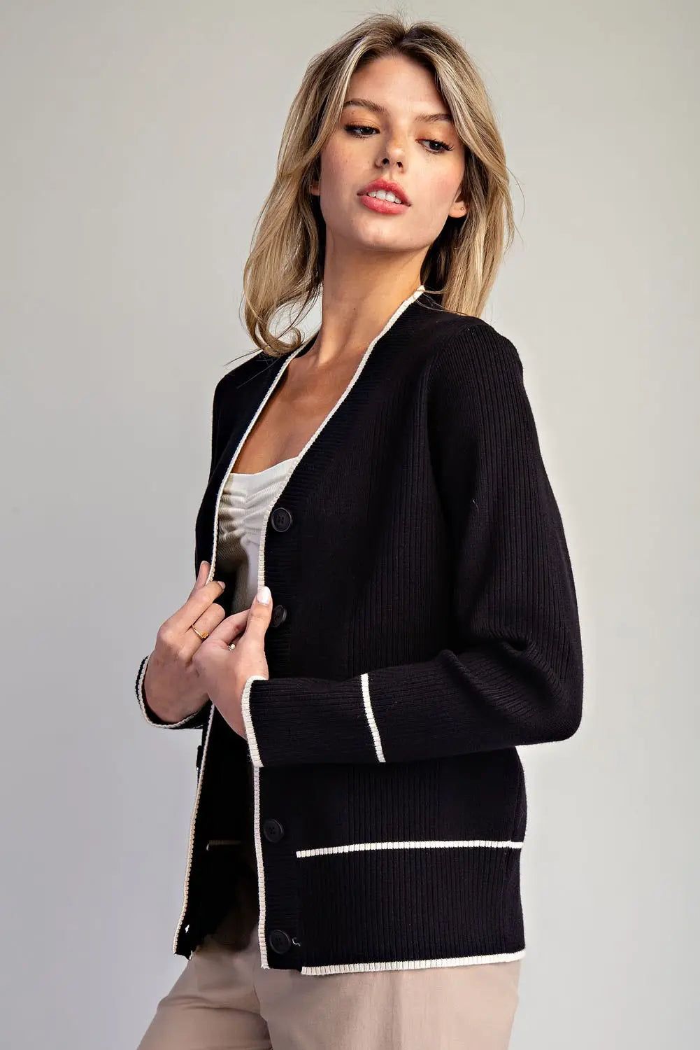 Contrast Trim Knit Cardigan | Black