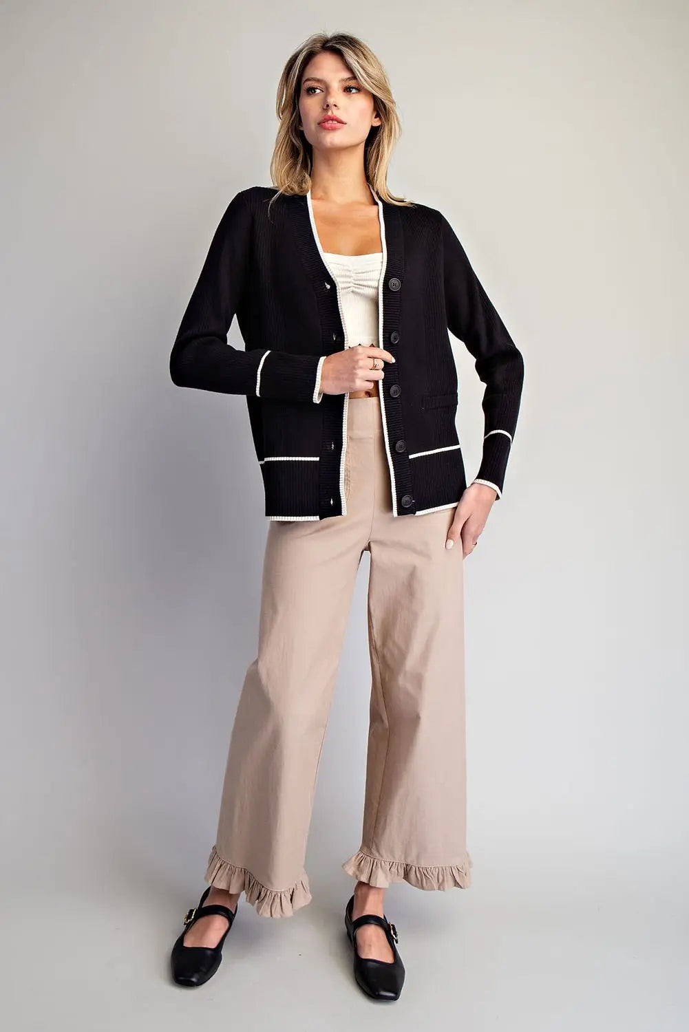 Contrast Trim Knit Cardigan | Black