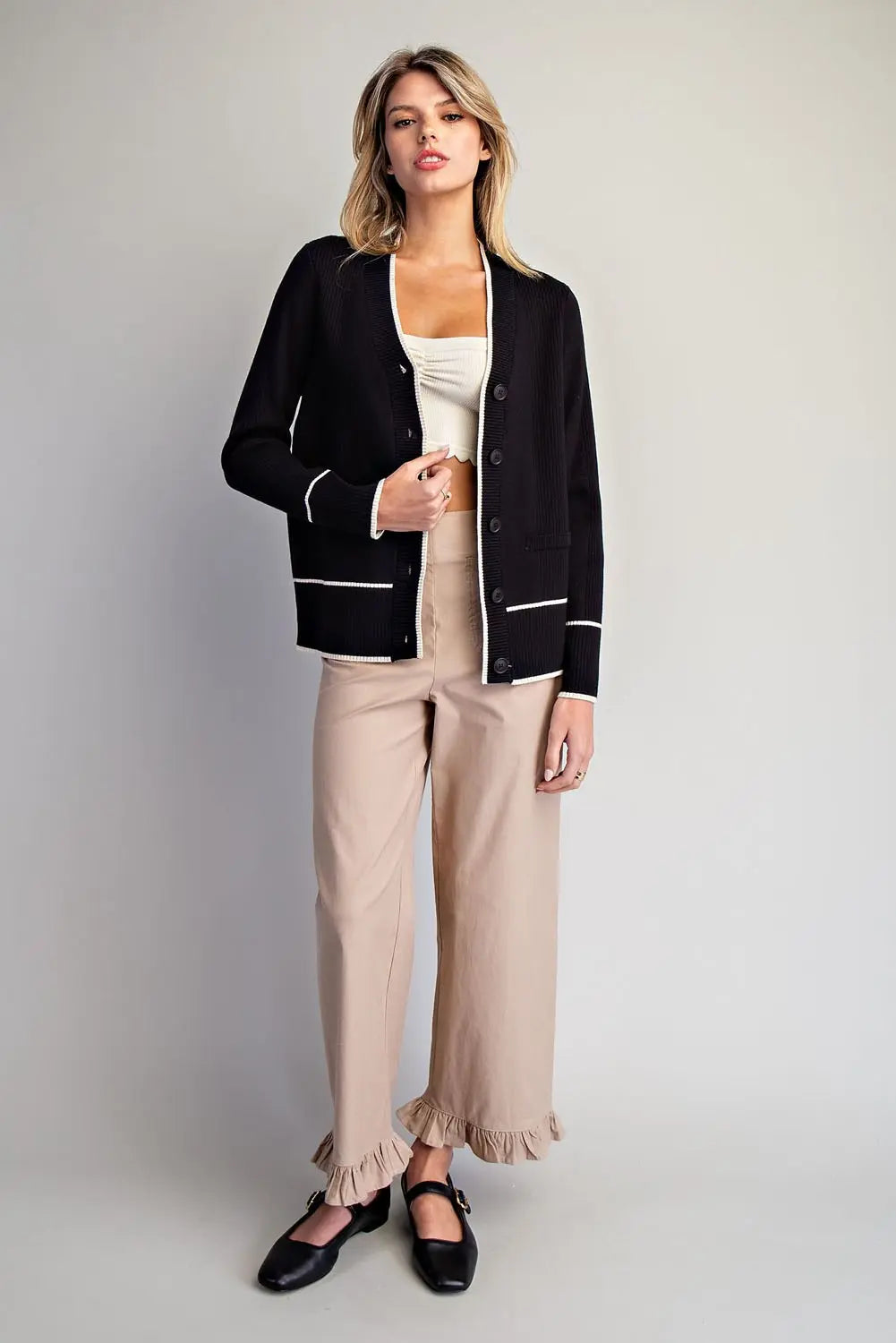 Contrast Trim Knit Cardigan | Black