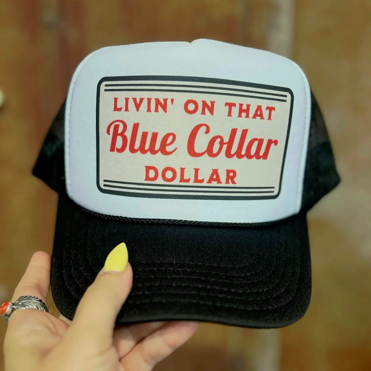 Livin' On That Blue Collar Dollar Foam Trucker Cap | Black/White