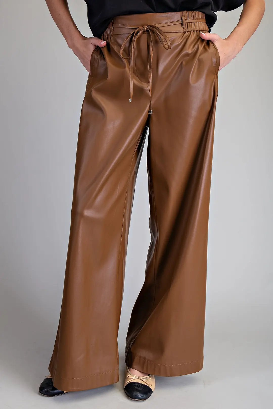 Faux Leather Tie Waist Wide Leg Pants | Chocolate
