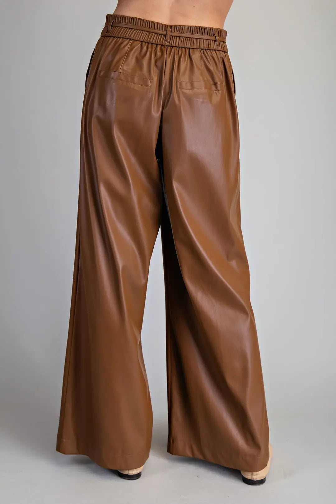 Faux Leather Tie Waist Wide Leg Pants | Chocolate
