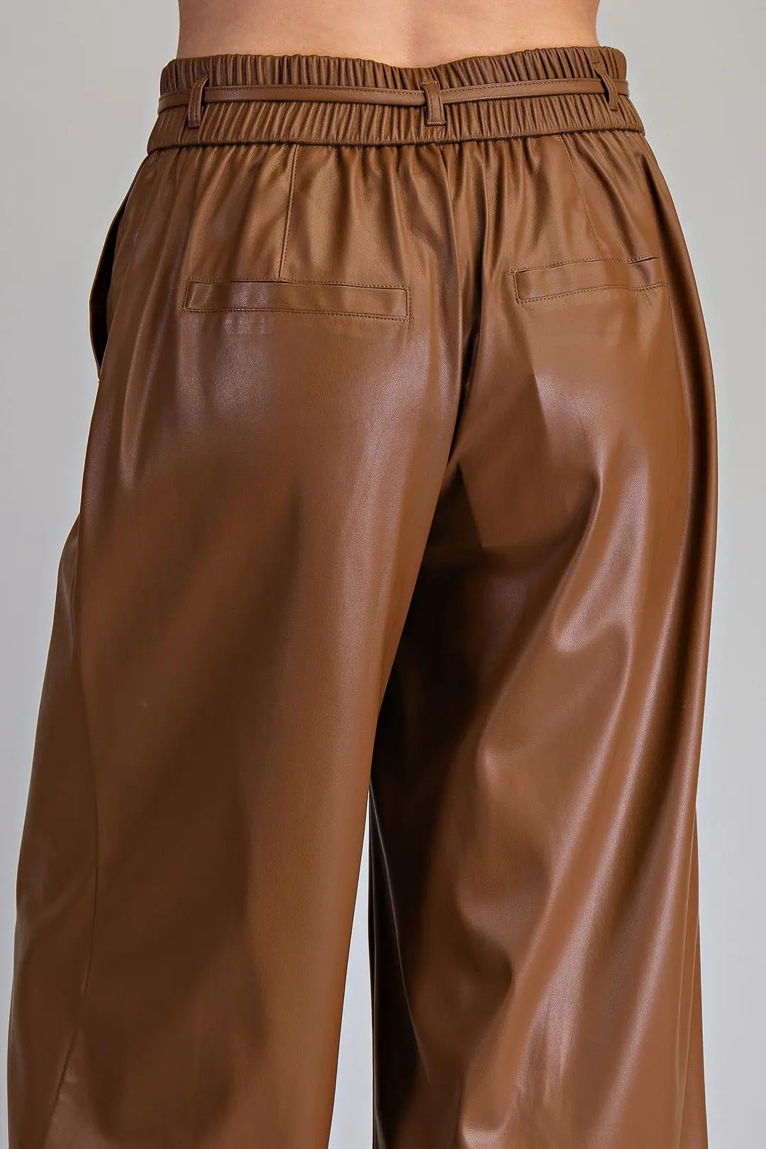 Faux Leather Tie Waist Wide Leg Pants | Chocolate