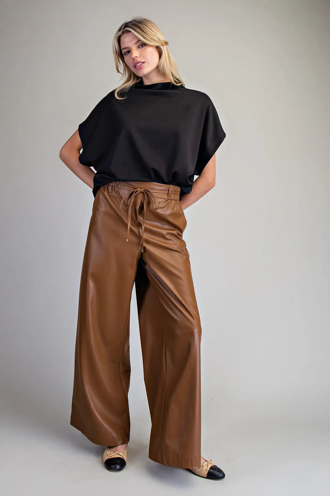 Faux Leather Tie Waist Wide Leg Pants | Chocolate