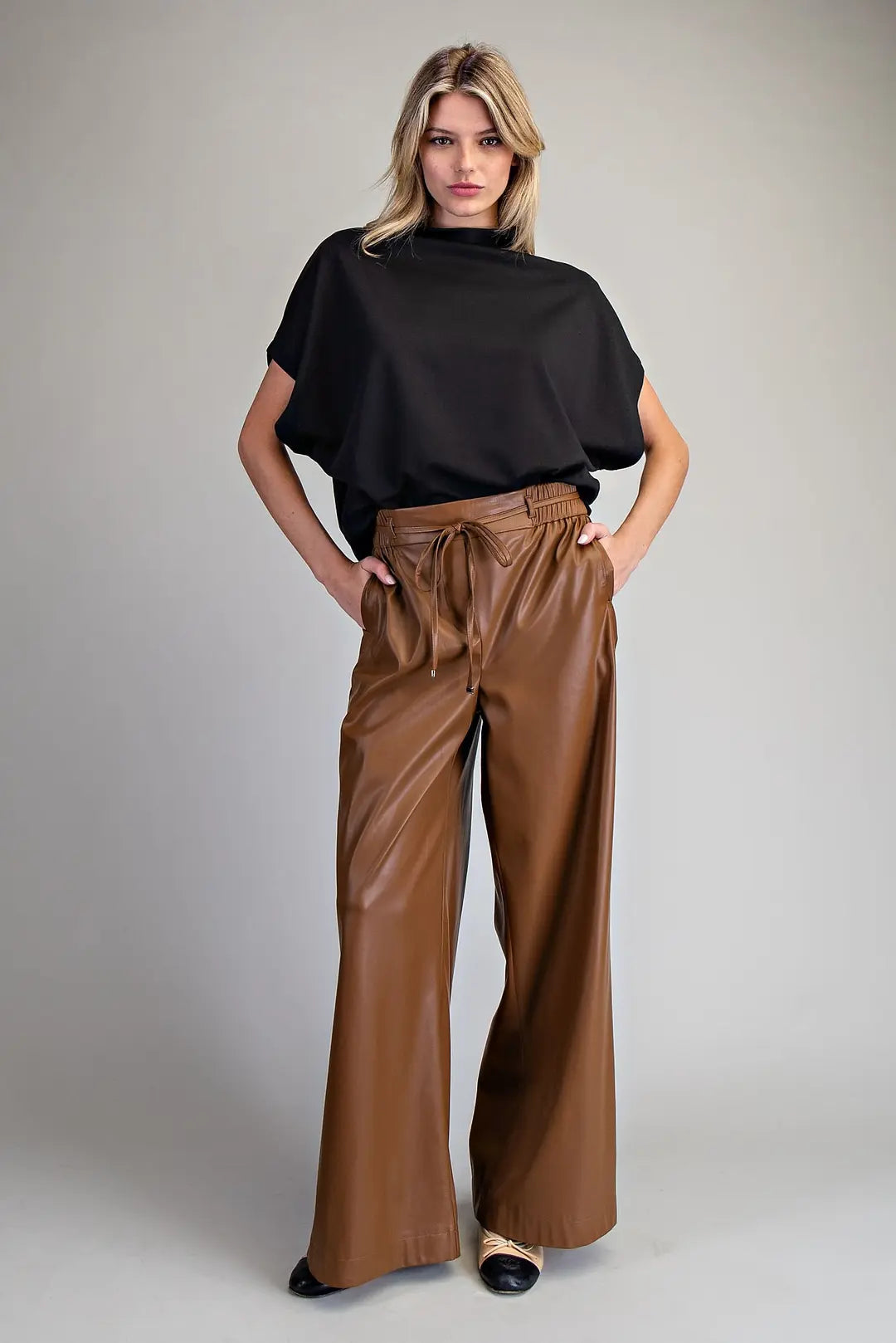 Faux Leather Tie Waist Wide Leg Pants | Chocolate