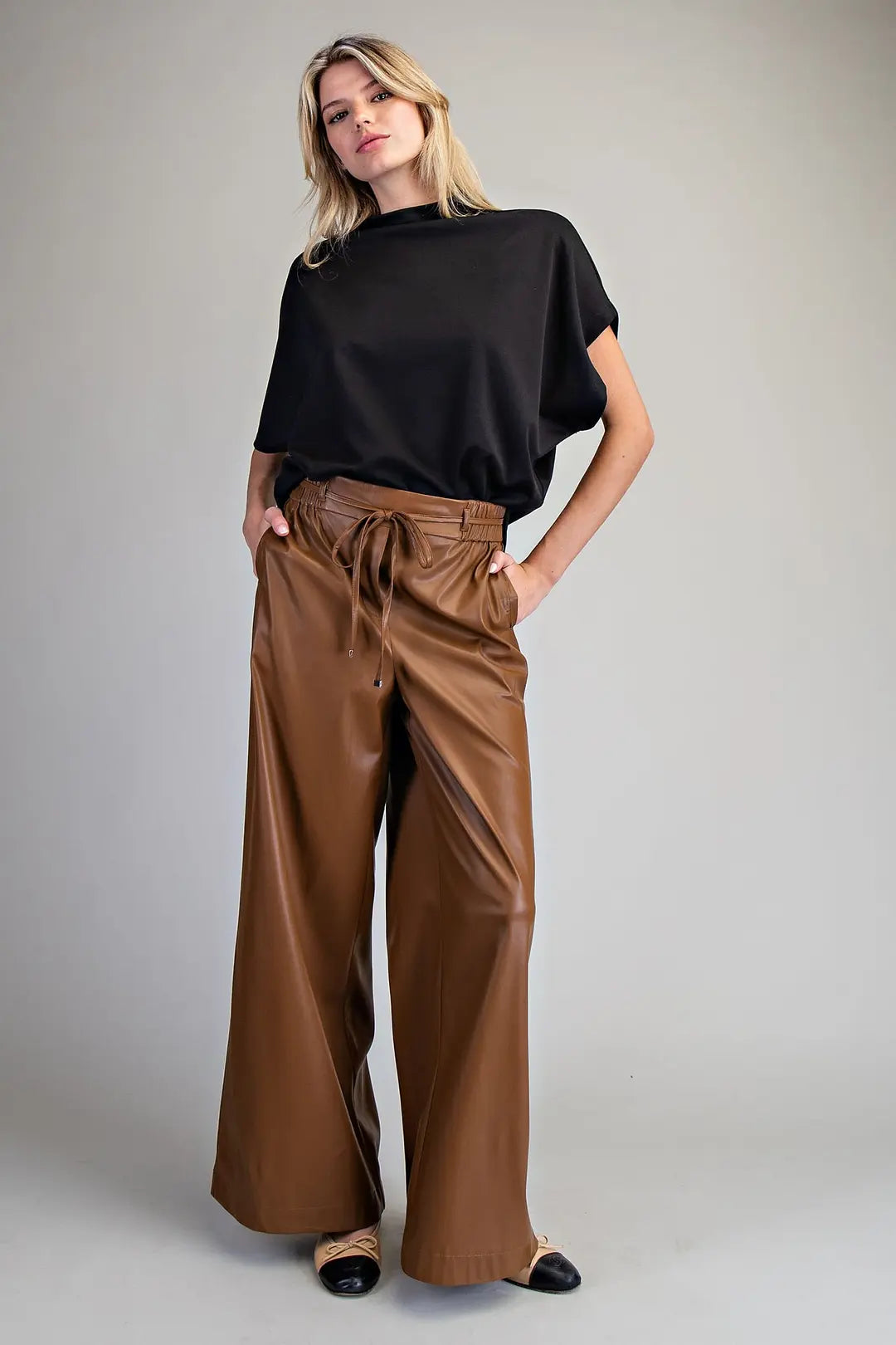 Faux Leather Tie Waist Wide Leg Pants | Chocolate
