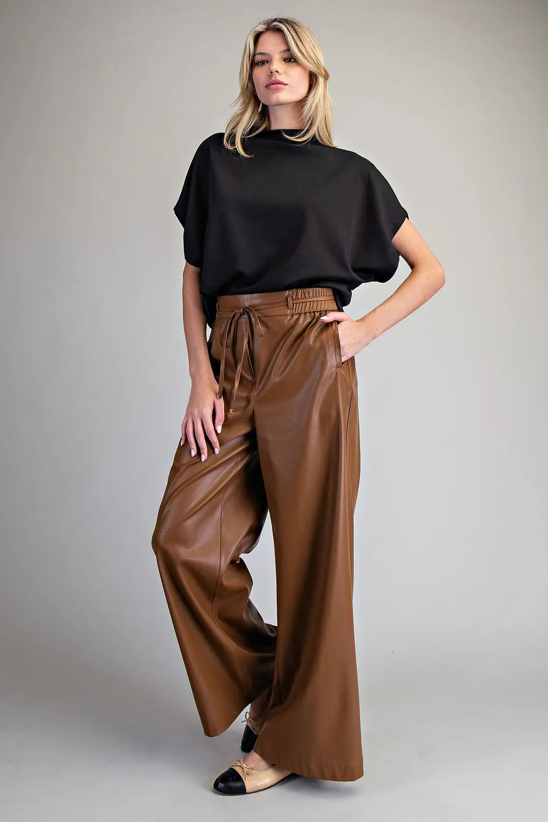 Faux Leather Tie Waist Wide Leg Pants | Chocolate