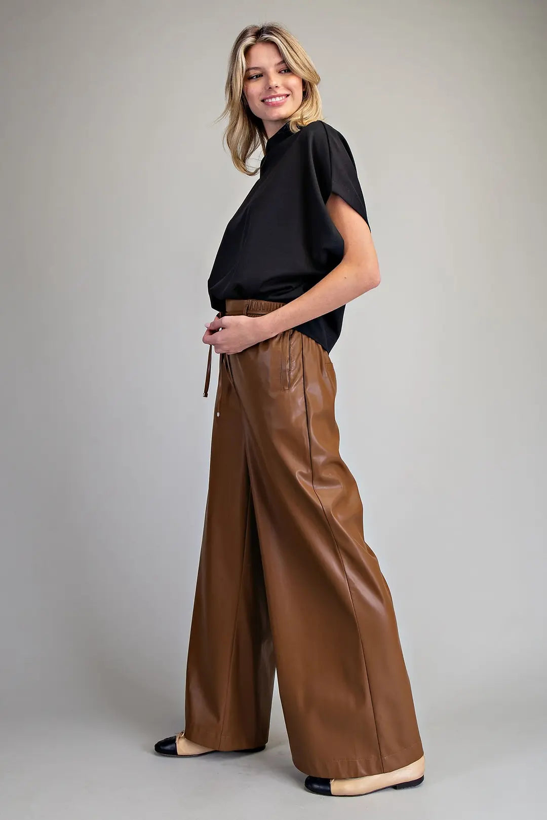 Faux Leather Tie Waist Wide Leg Pants | Chocolate
