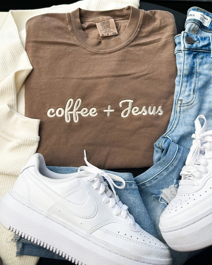 Coffee+Jesus Embroidered Tee | Brown