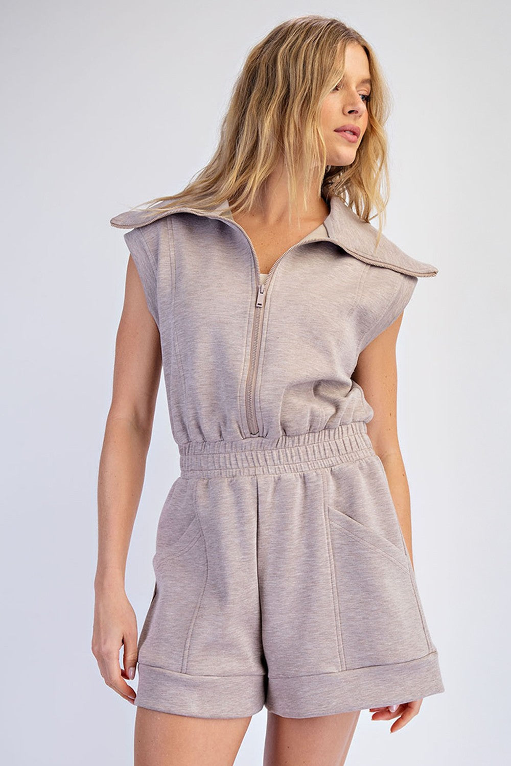 Scuba Luxe Sleeveless Romper | Heather Taupe