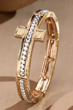 Two Tone Textured Cross Stretch Bracelet | Gold