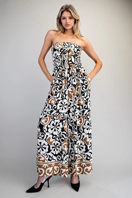 Floral Strapless Smocked Jumpsuit | Black