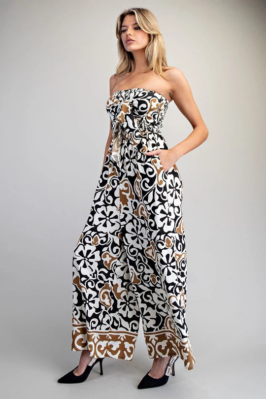 Floral Strapless Smocked Jumpsuit | Black