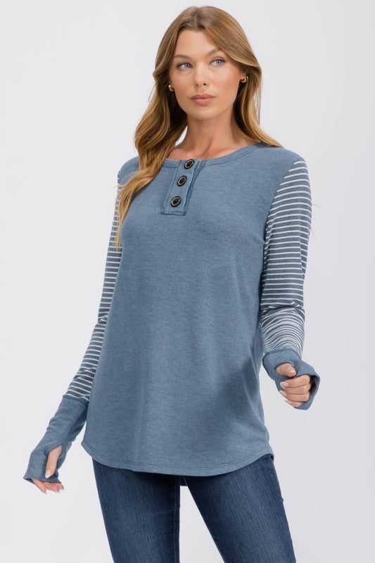 Stripe Contrast Button Top | Vintage Teal