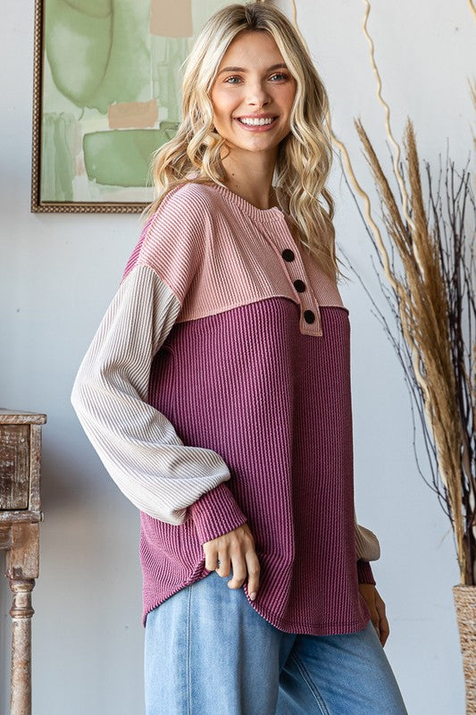 Color Block Rib Button Top | Marsala