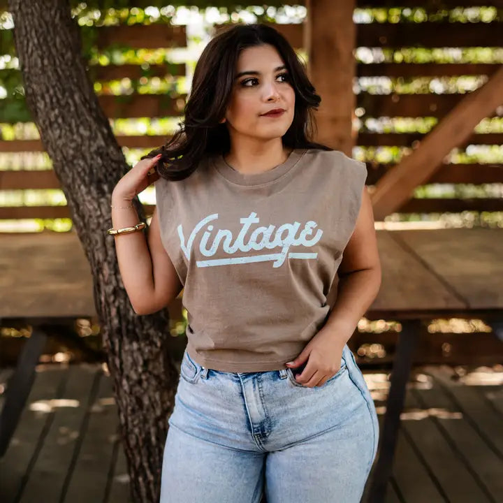 Vintage Script Muscle Tank | Vintage Espresso
