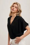 Folded Sleeve Wrap Blouse Top | Black