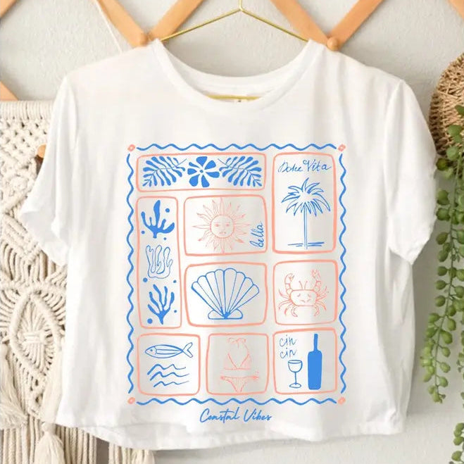 Coastal Vibes Crop Tee | White