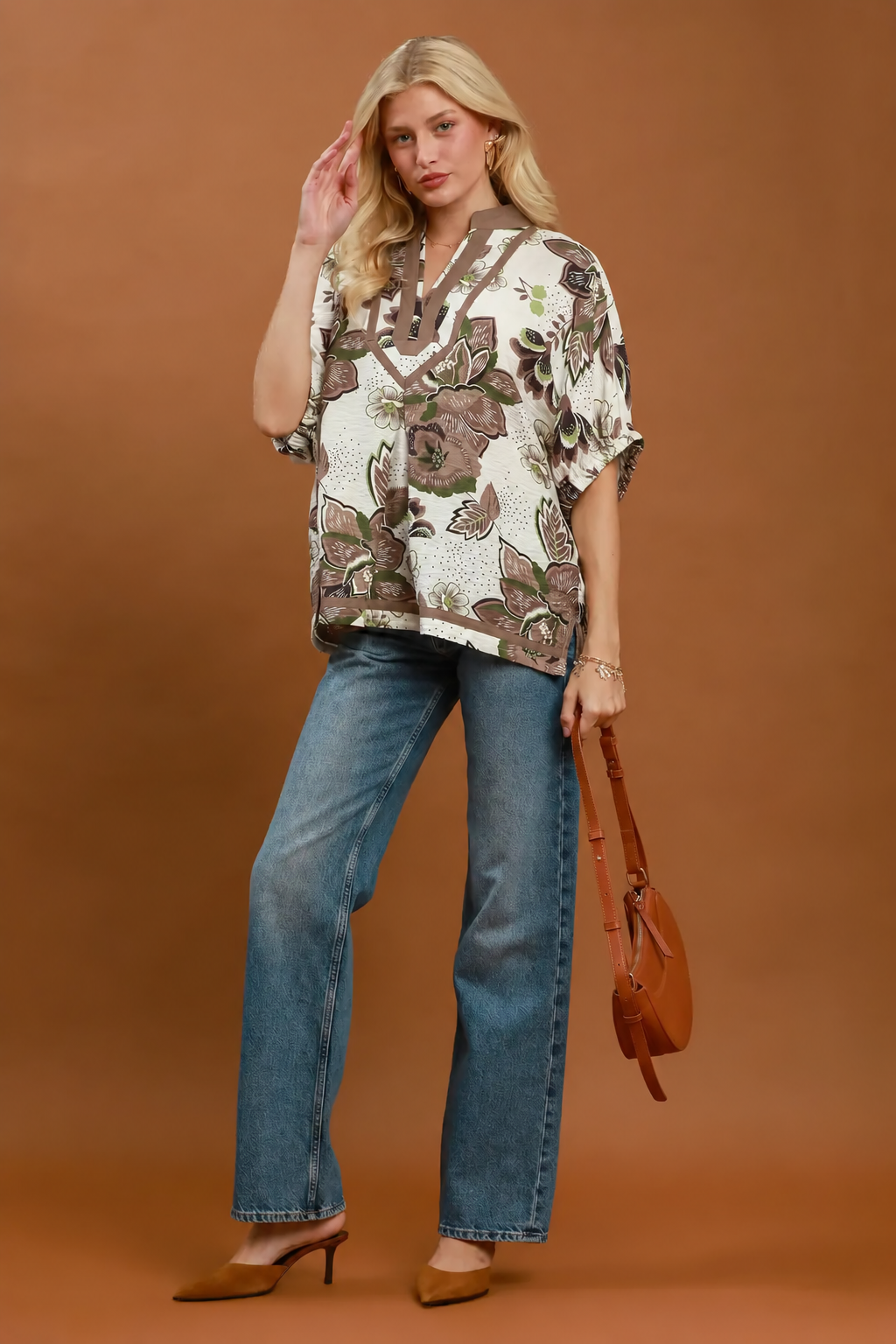 Floral V-Neck Relaxed Fit Top | Cream/Mocha