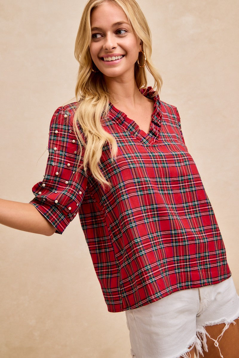 Christmas Plaid Pearl Accent Top | Red