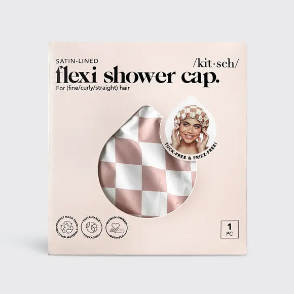 KITSCH Satin Lined Flexi Shower Cap | Terracotta Checker