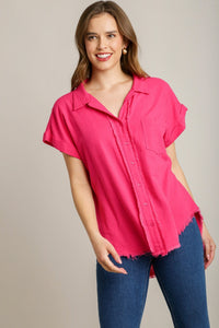 Linen Collar Button Down Top | Hot Pink