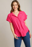 Linen Collar Button Down Top | Hot Pink