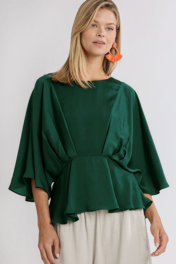 Satin Kimono Sleeve Peplum Top | Forest