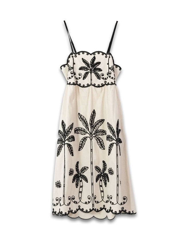Embroidered Linen Tropical Dress | Black/Natural