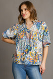 Paisley Mix Pleat Top | Navy+Mustard