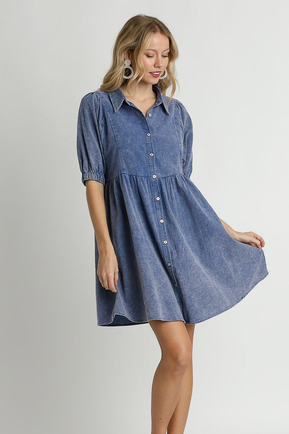 Mineral Washed Collar Button Dress | Blue