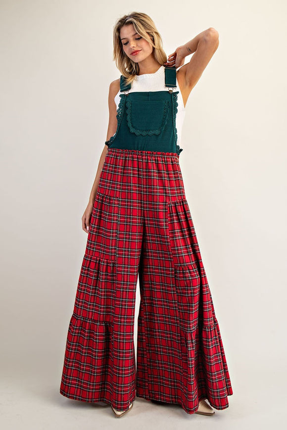 Plaid Contrast Lace Wide Leg Jumpsuit | Red/Green