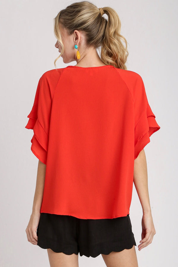 Boxy Layered Ruffle Sleeve Top | Orange Red